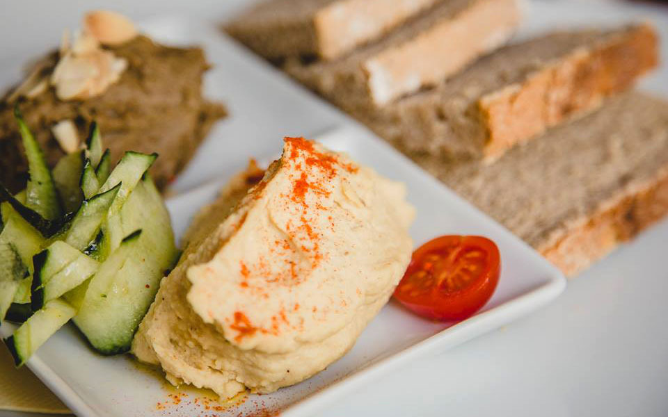 Hummus and eggplant pate with typical-Majorcan bread